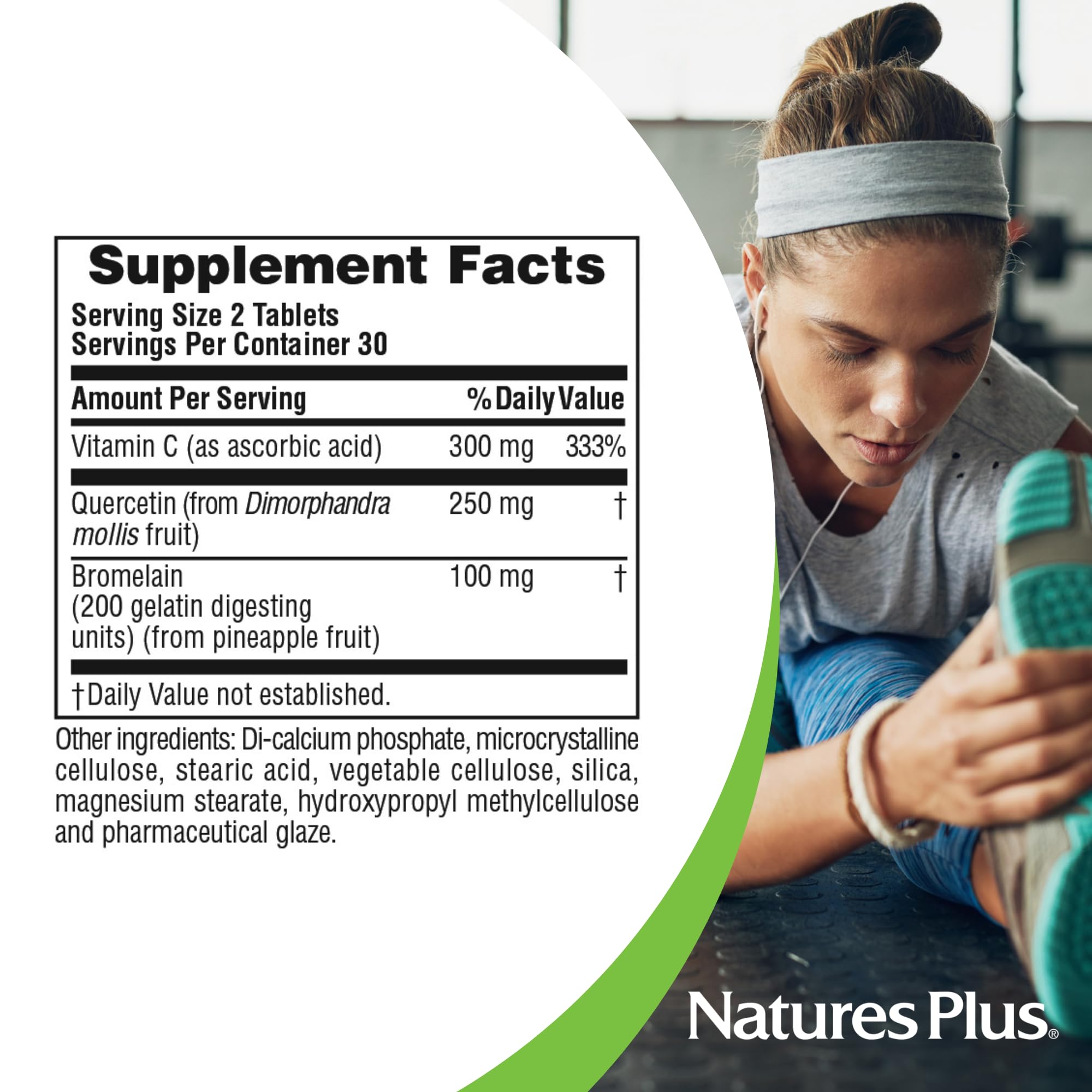 NaturesPlus Quercetine Plus — conseils d’utilisation imprimés sur l’emballage.