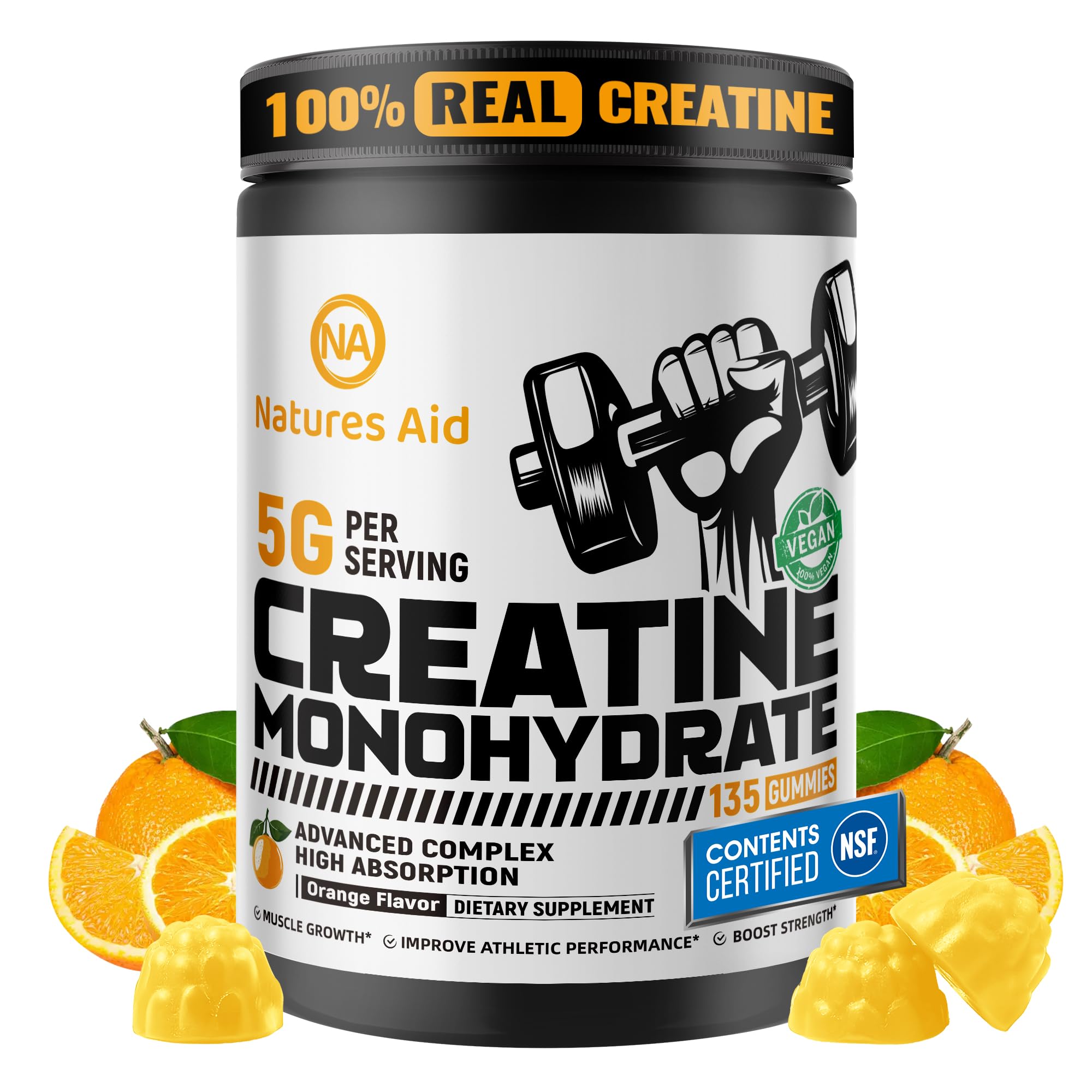 Natures Aid Créatine Gummy emballage orange, format pratique pour la consommation régulière.