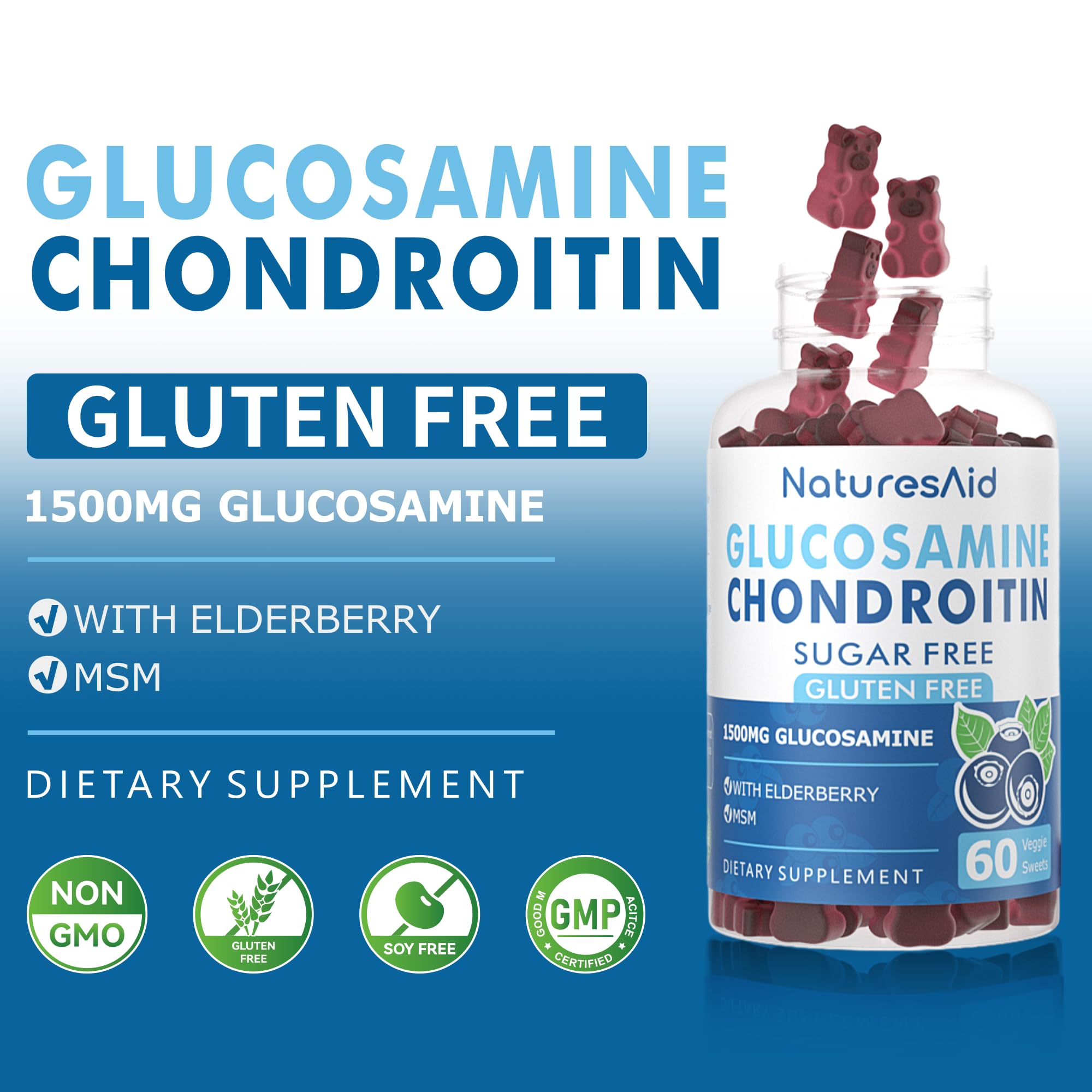 Natures Aid Glucosamine Chondroitine Gummies goût sureau, expérience naturelle.