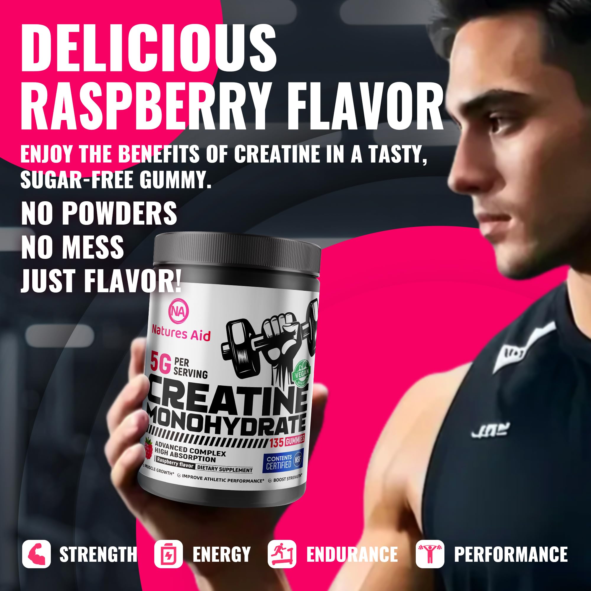 Gommes Creatine Natures Aid, idéales avant l’entraînement pour un coup de pouce pratique.