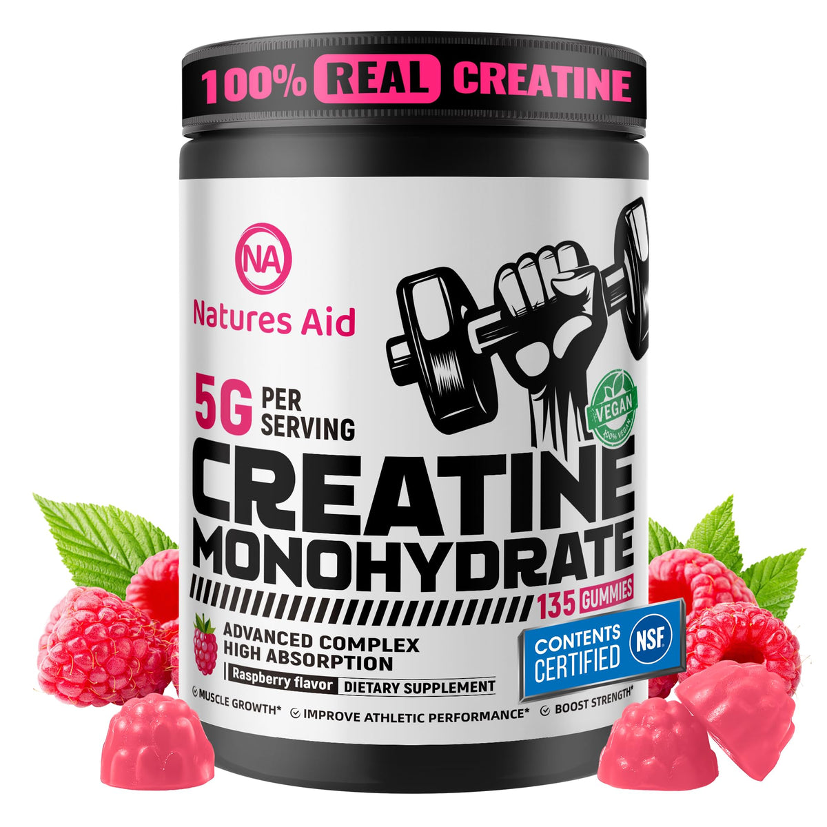 Gommes Creatine Natures Aid, emballage pratique prêt à l’emploi pour prise rapide avant l’entraînement.