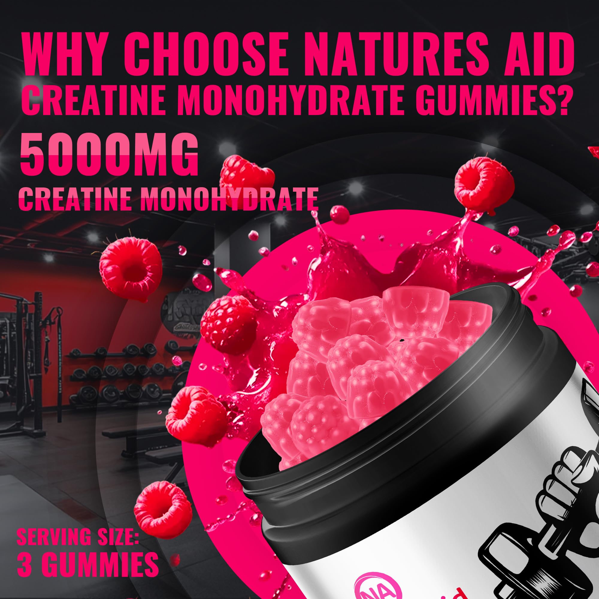Gommes Creatine Natures Aid, saveur framboise agréable à déguster.