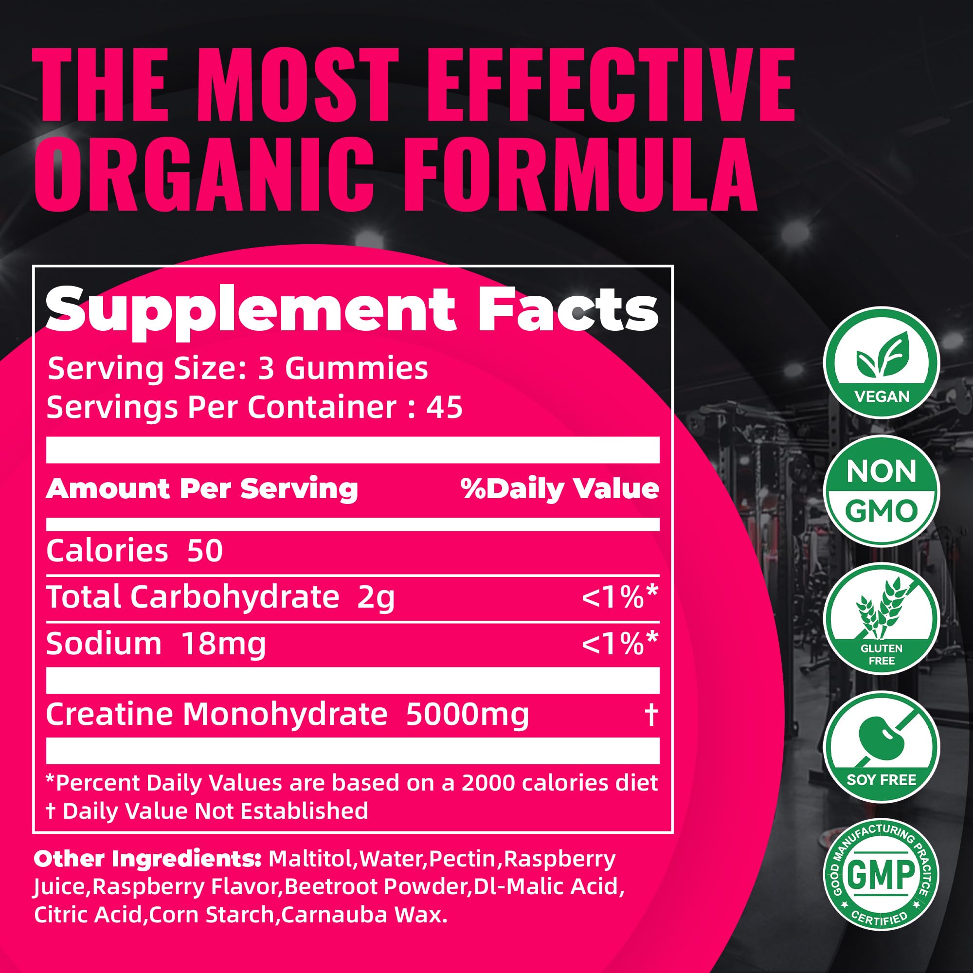 Gommes Creatine Natures Aid, étiquette végan indiquant l’absence de produits animaux.