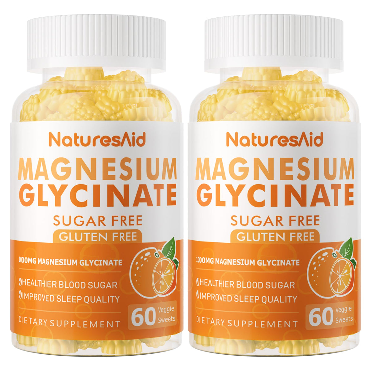 Gommes magnésium glycinate de Nature's Aid dans flacon orange pour un calme potentiel.