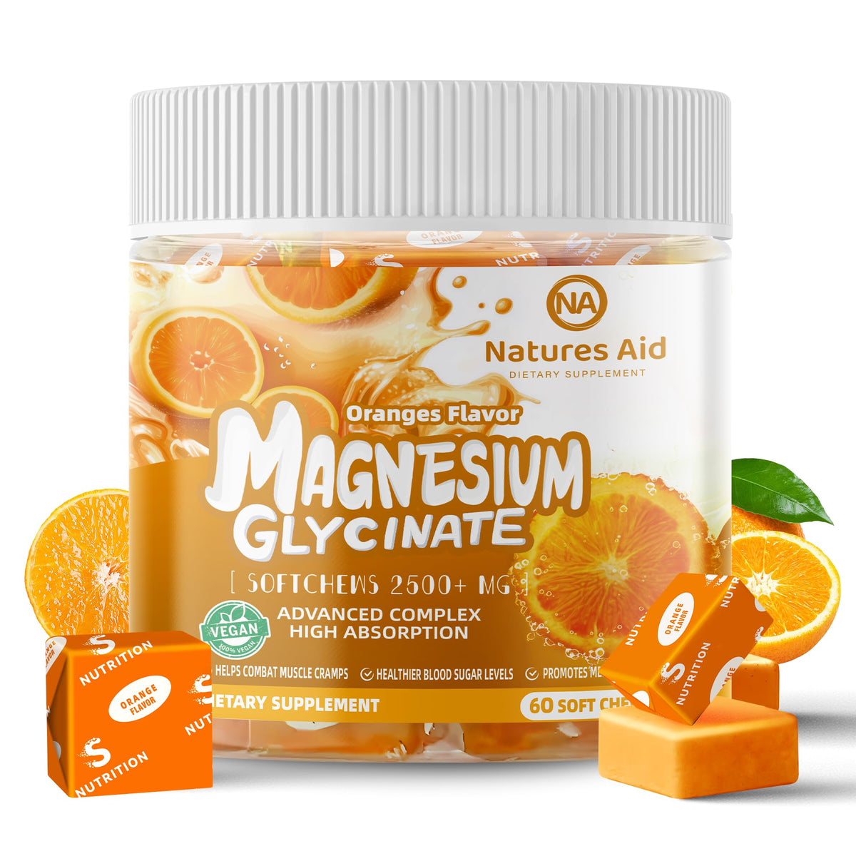 Gommes Nature's Aid Magnésium Glycinate à l'orange dans une bouteille, soutien quotidien et bien-être