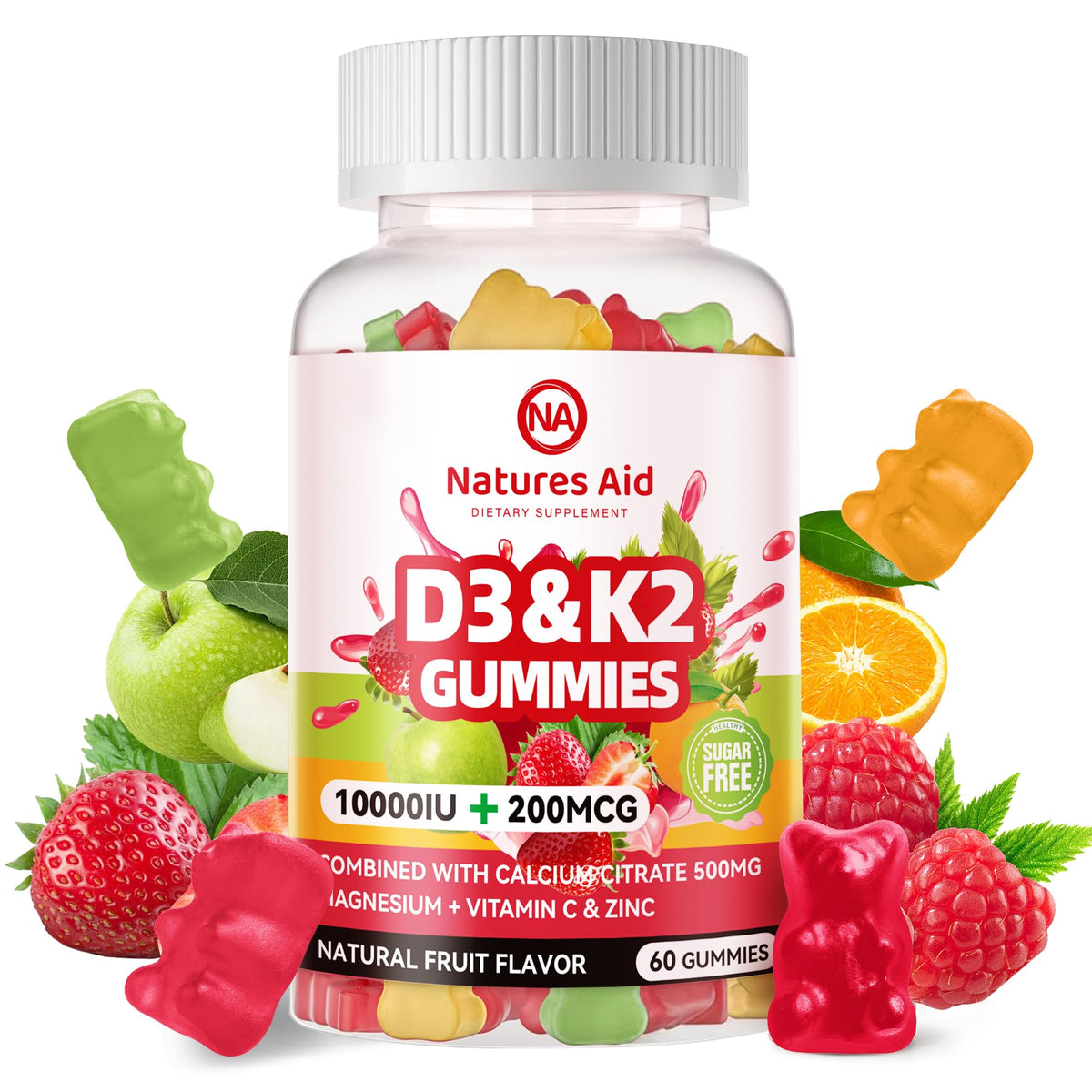 Gummies D3K2 Natures Aid en bouteille facile à prendre chaque jour
