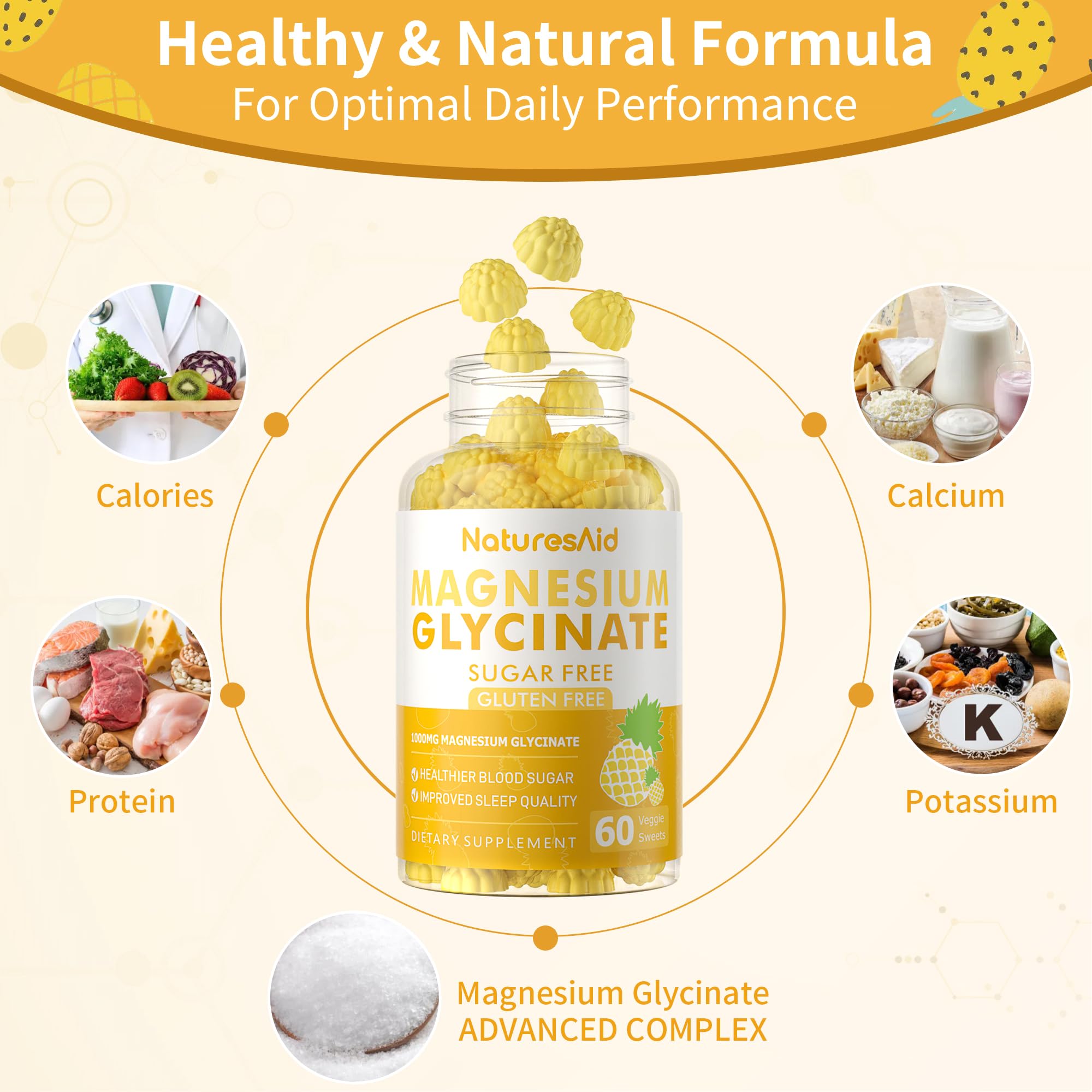 Gommes magnesium glycinate véganes Natures Aid sans sucre et sans gélatine.