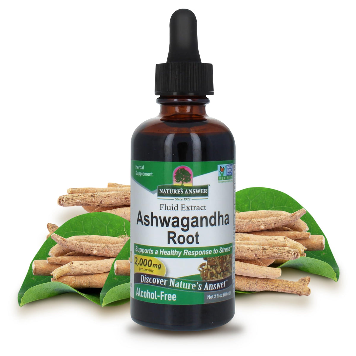 Nature's Answer Ashwagandha racine bouteille, énergie naturelle et soutien quotidien.