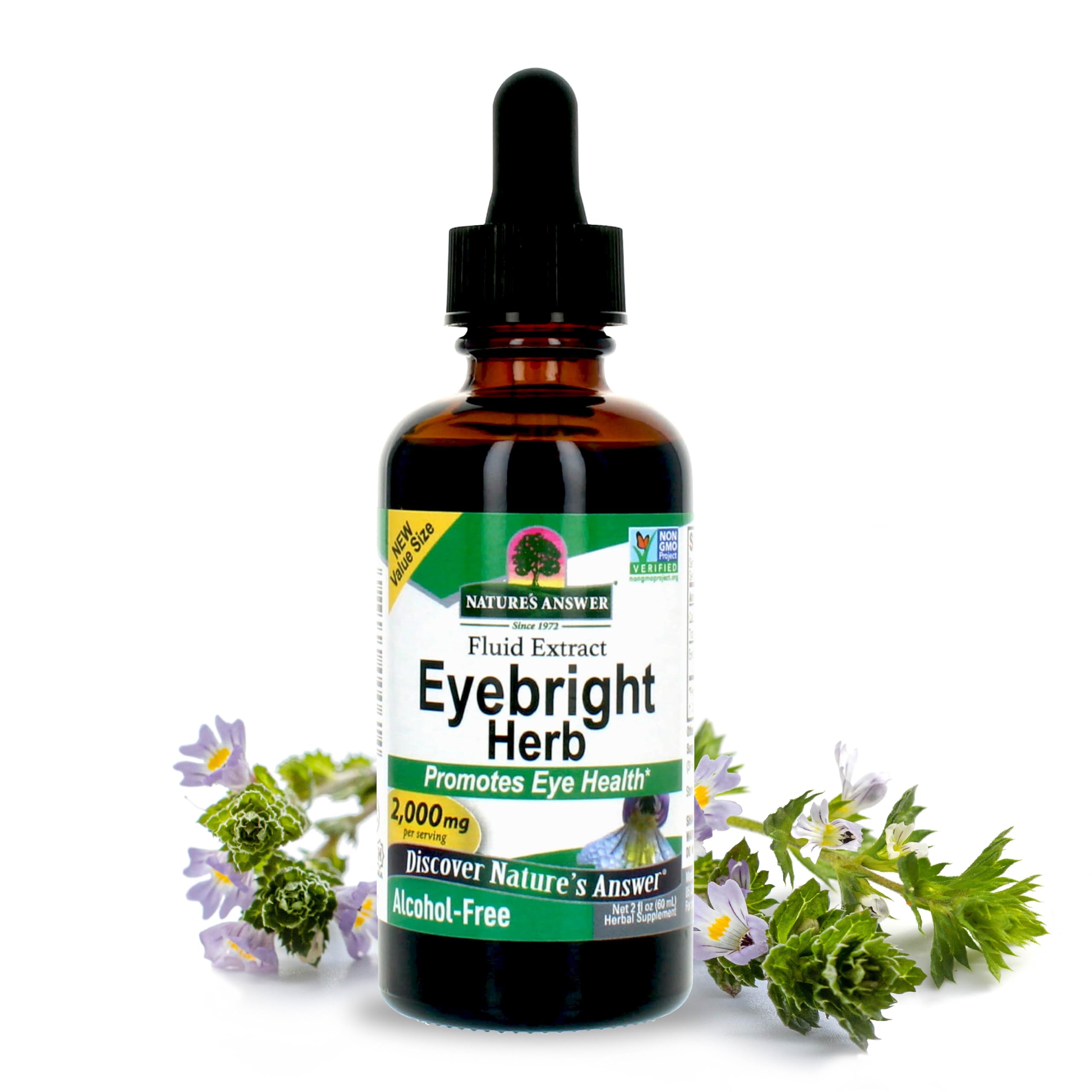 Nature's Answer Eyebright bouteille 60 ml prête pour le soutien oculaire potentiel.