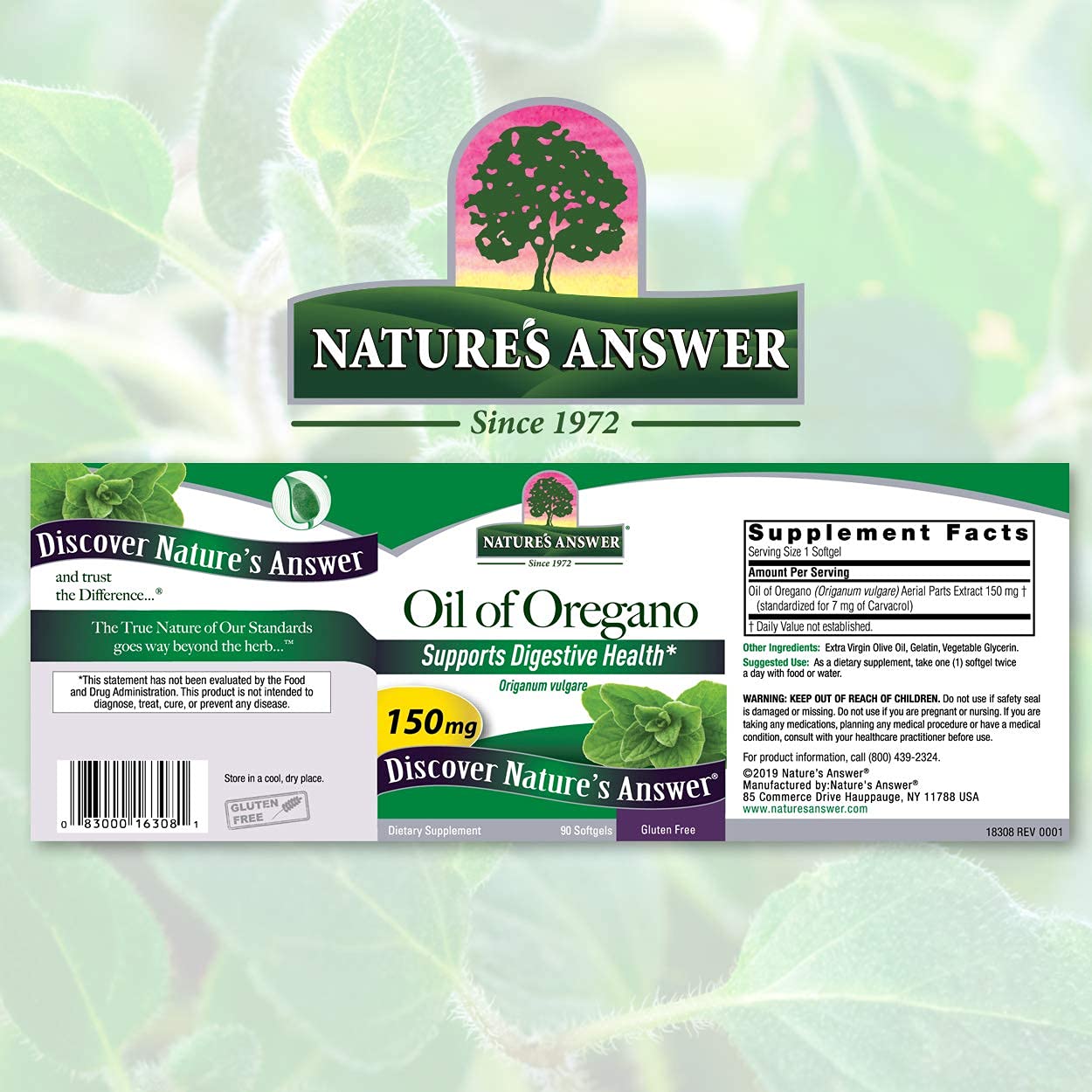 Étiquette Nature's Answer huile d'origan – dosage quotidien clair