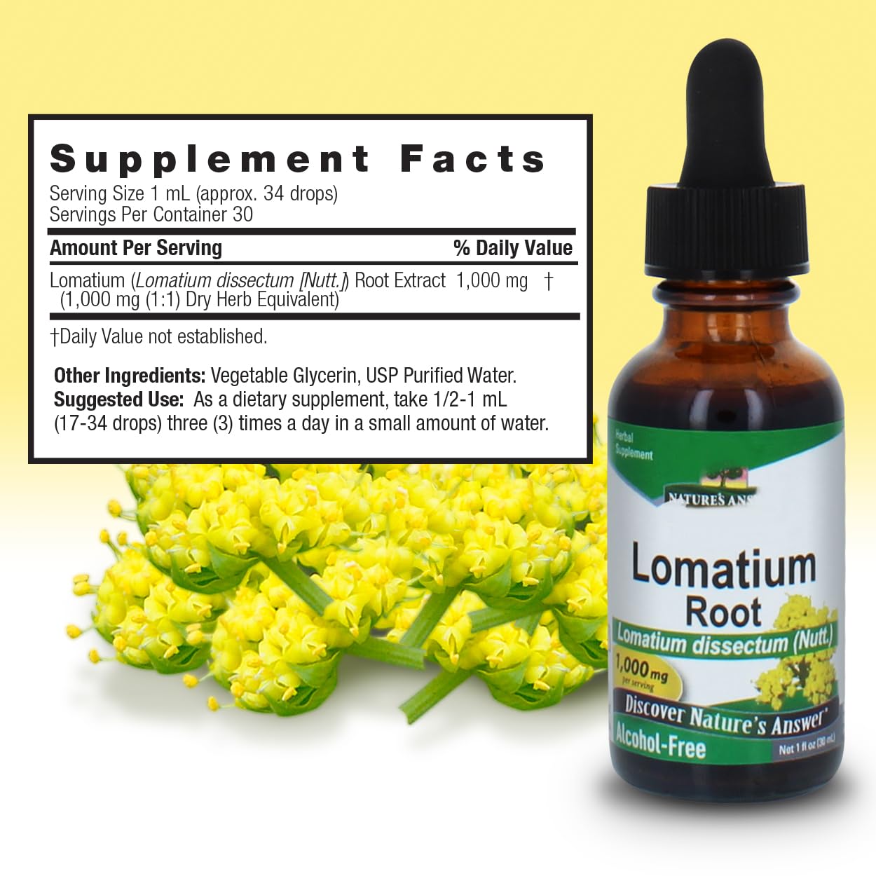 Étiquette Nature's Answer Lomatium extract sur bouteille, informations claires sur l'utilisation.