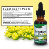 Étiquette Nature's Answer Lomatium extract sur bouteille, informations claires sur l'utilisation.