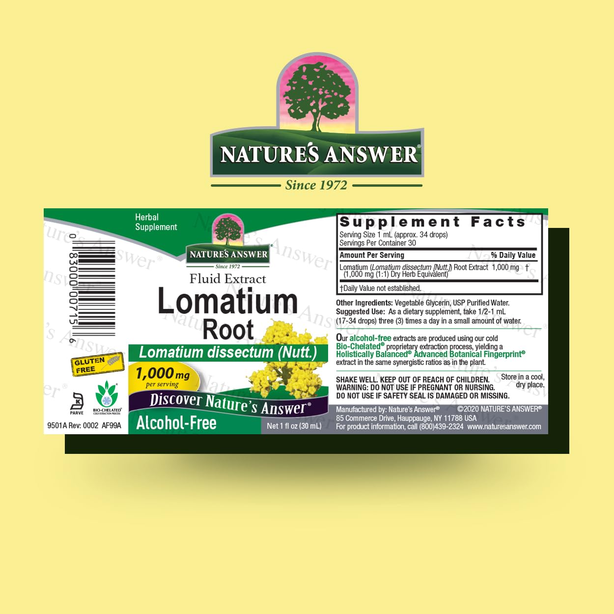 Nature's Answer Lomatium extract gouttes sur flacon, utilisation pratique pour routine bien-être.