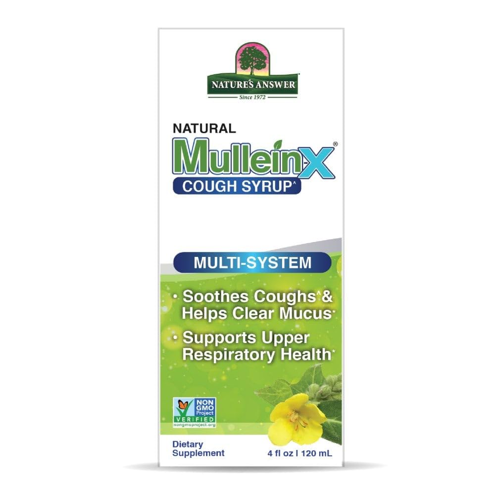 Nature's Answer Mullein-X Sirop, étiquette et utilisation pour apaiser mucus et gorge.