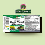 Nature's Answer – étiquette du complexe noix noire et armoise annuelle, indication de transparence et qualité.