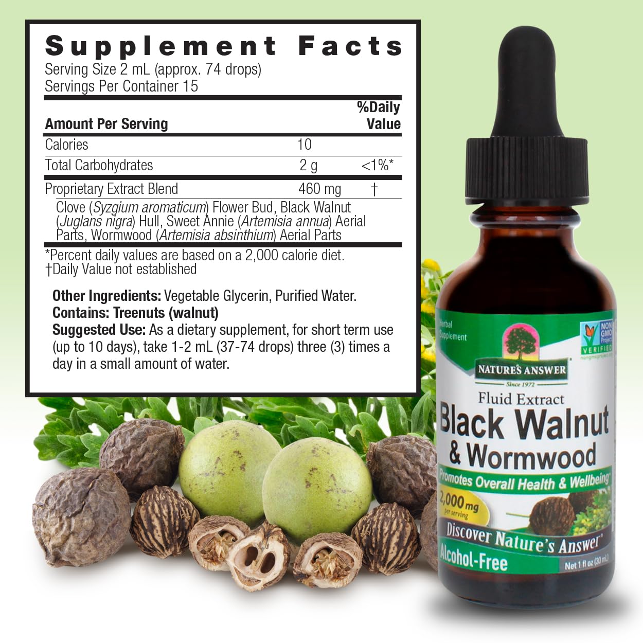 Nature's Answer – ingrédients visibles, démontrant une formulation concentrée et naturelle.