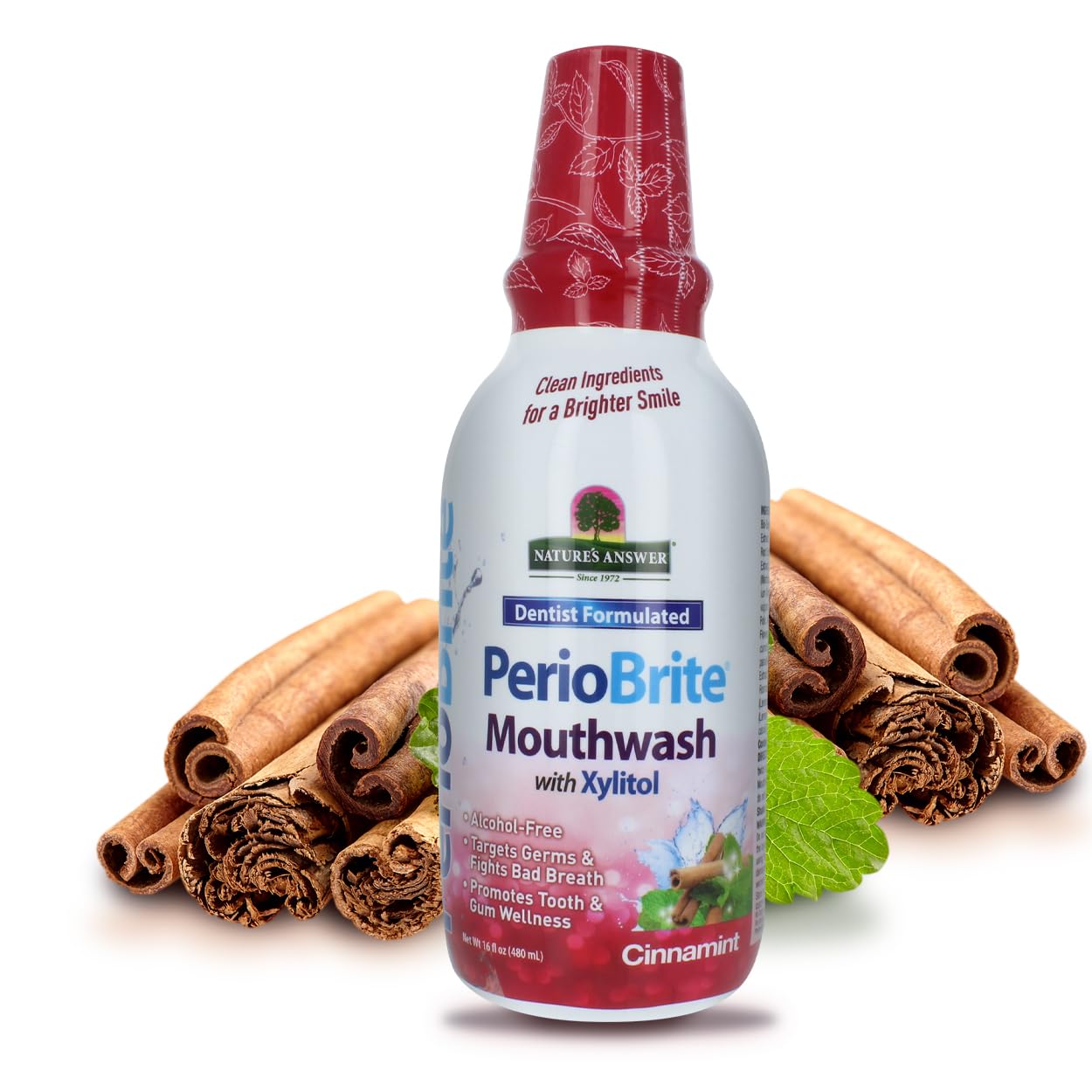 Nature's Answer PerioBrite: flacon menthe-cannelle pour haleine fraîche durable.