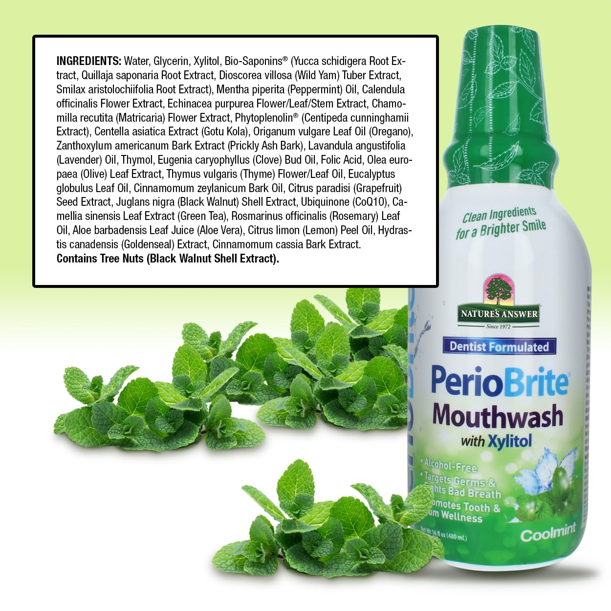 Étiquette Periobrite montrant ingrédients naturels et sans fluor