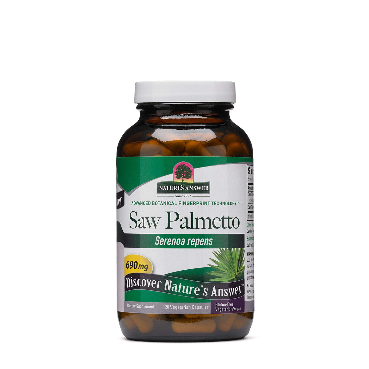 Nature's Answer Saw Palmetto—bouteille de capsules végétariennes pour un éventuel soutien urinaire.