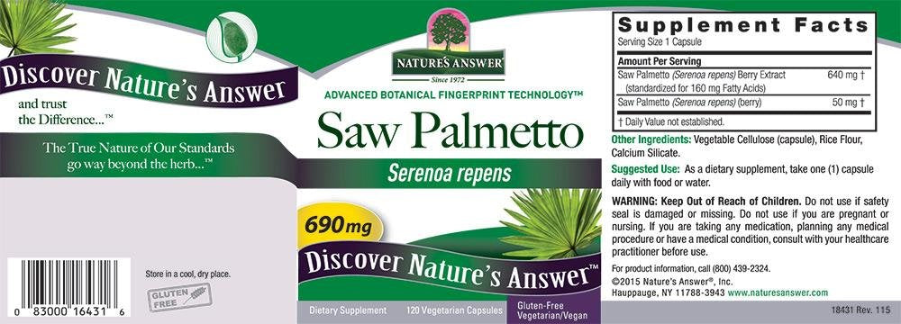 Nature's Answer Saw Palmetto—étiquette produit montrant ingrédients naturels et traçabilité.