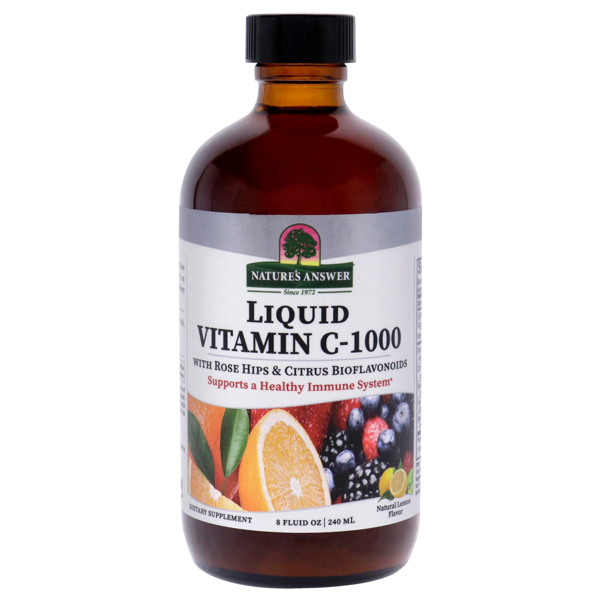 Nature's Answer vitamine C liquide avec cynorrhodons, soutien potentiel immunitaire et peau saine.