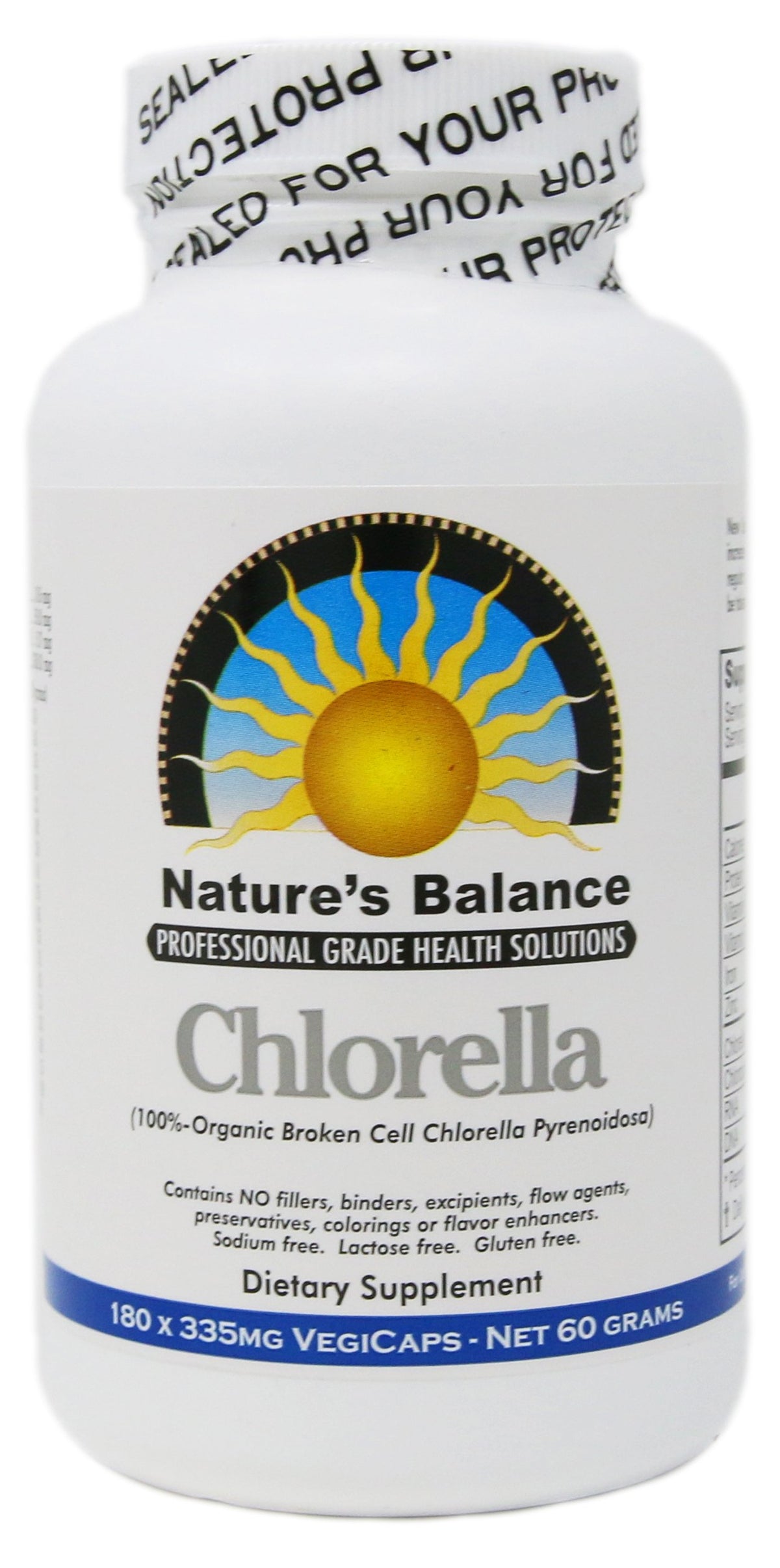 Nature's Balance Chlorella Pyrenoidosa, bouteille, pratique pour une consommation quotidienne en complément végétal.