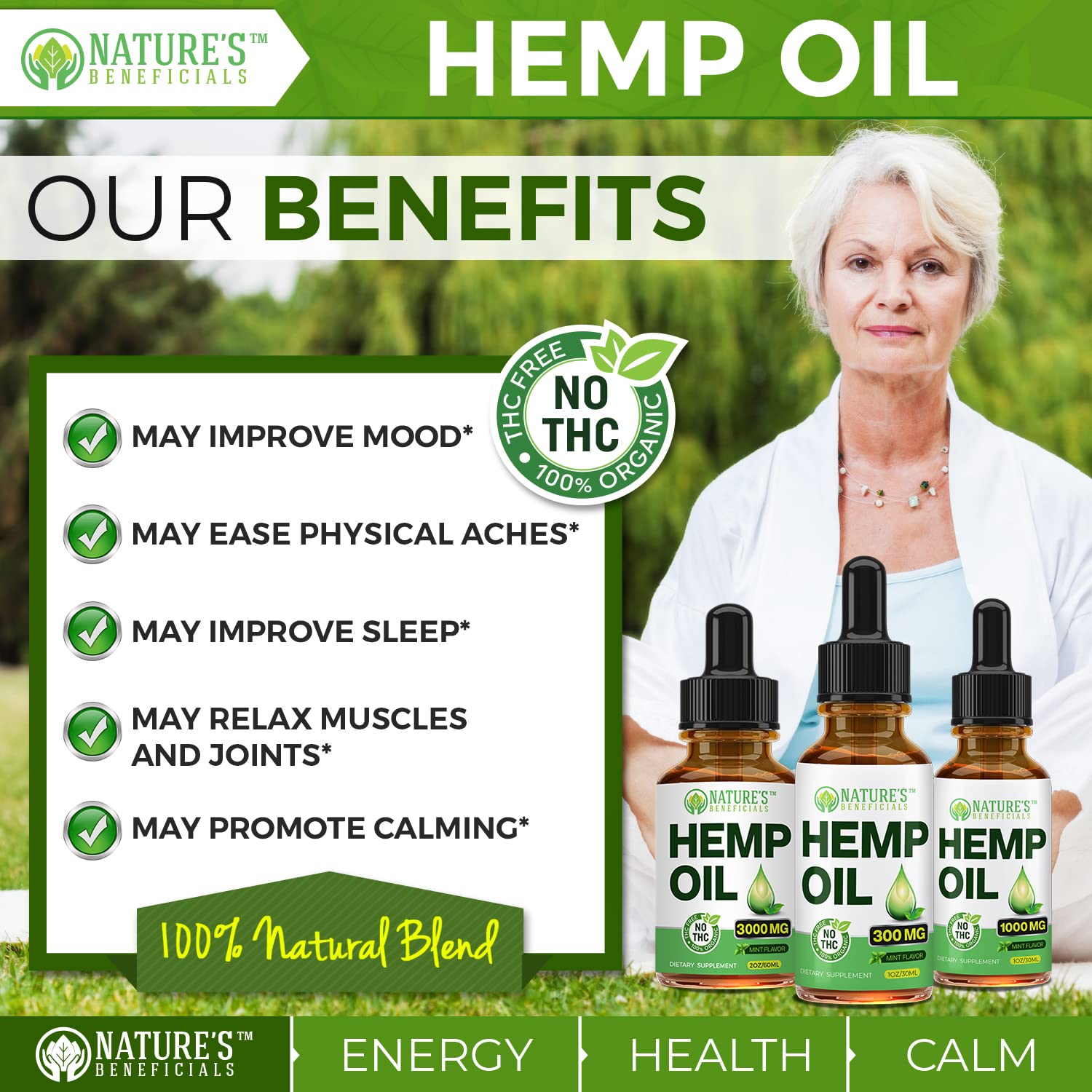 Nature's Beneficials Huile de chanvre — étiquette informative et transparente.