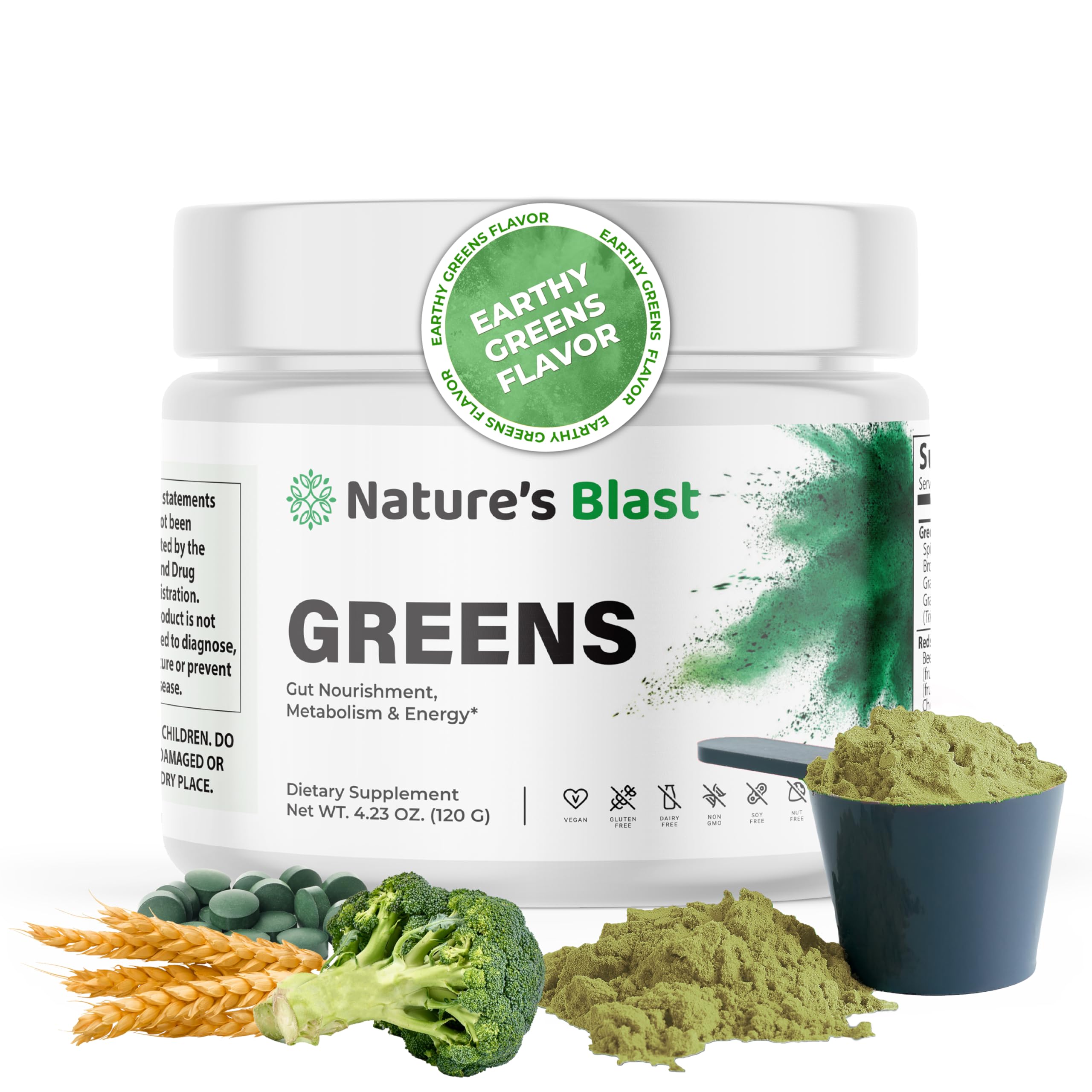 NATURES BLAST poudre verte en bouteille, énergie naturelle pour la journée.