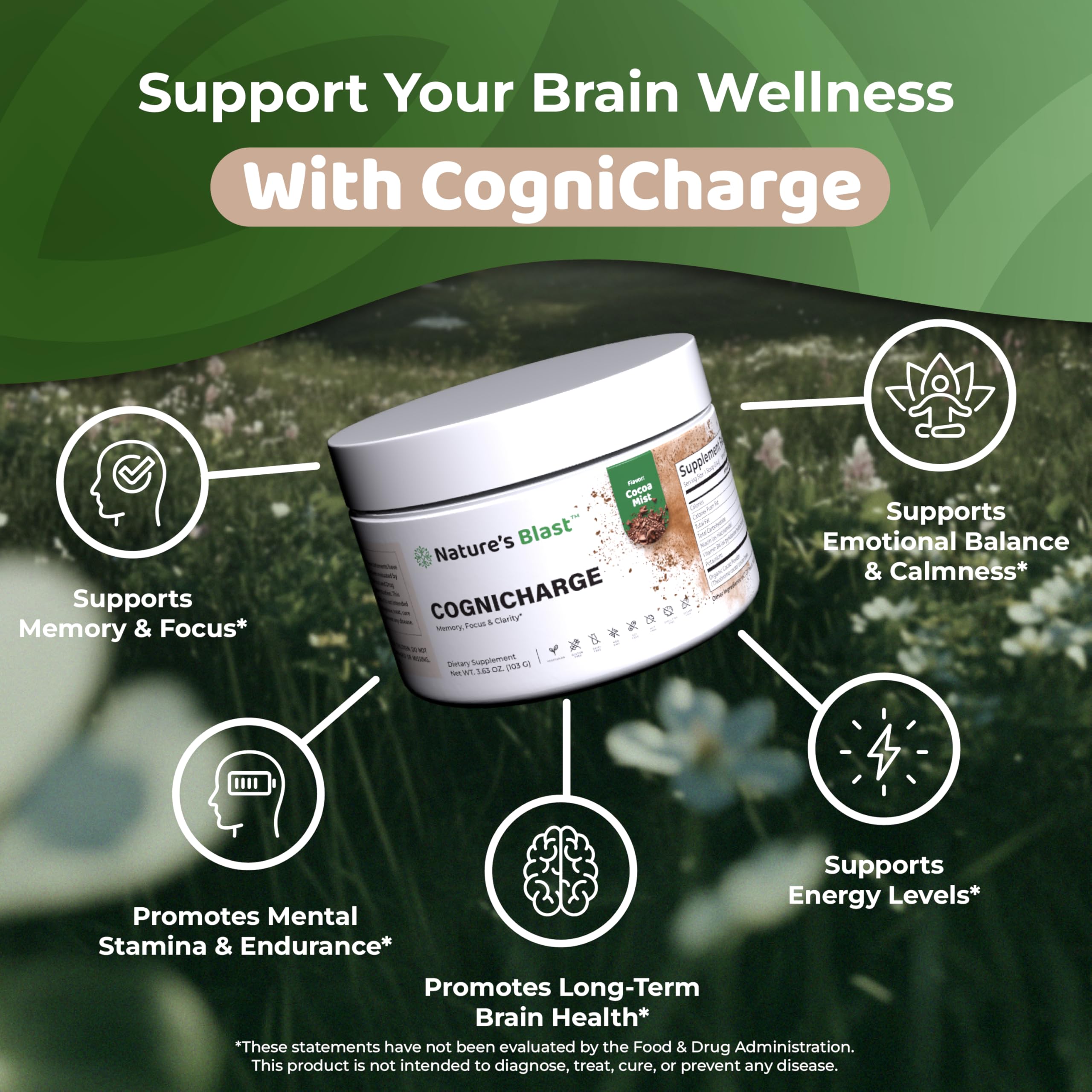 CogniCharge : emballage design mettant en avant les labels sans gluten et sans lactose.