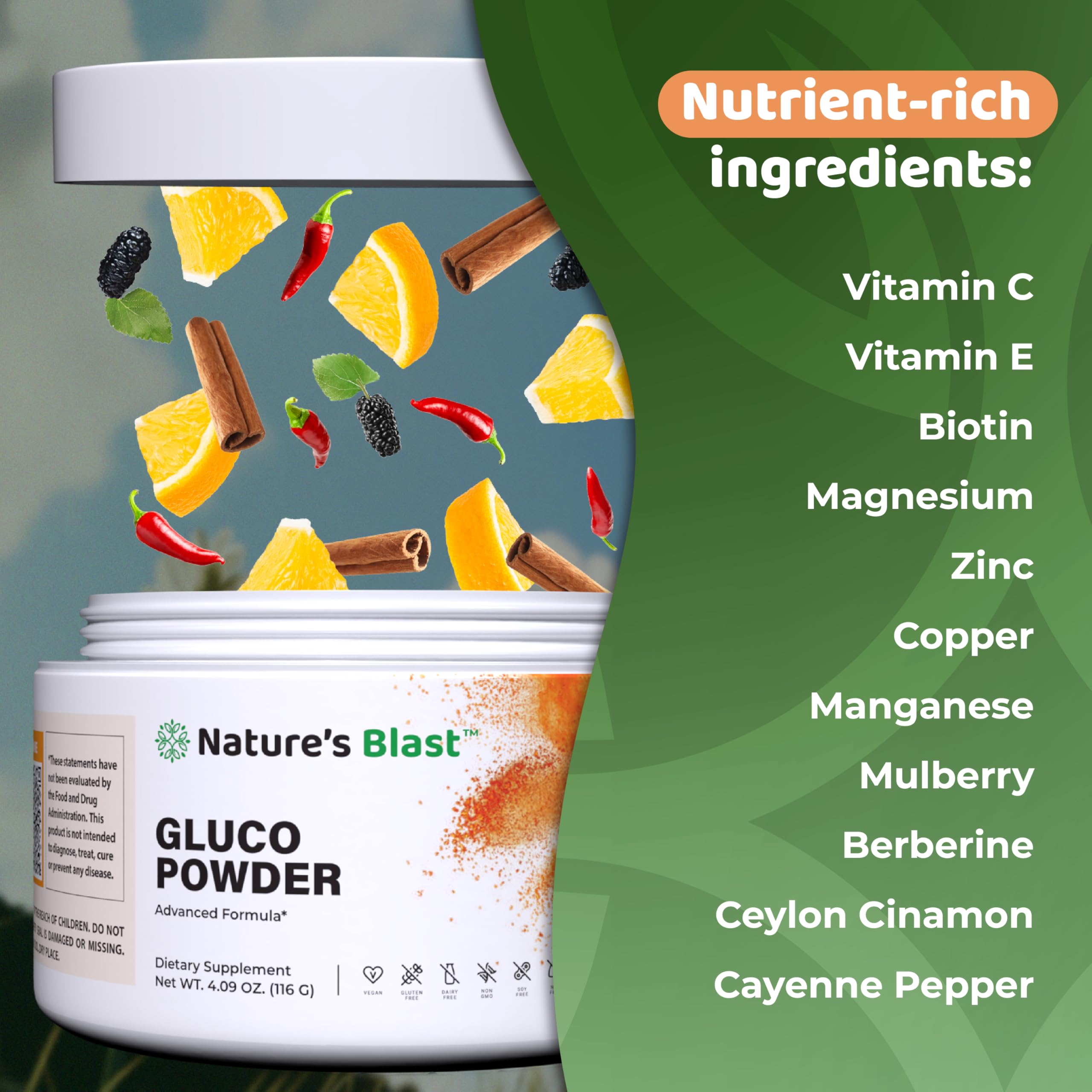 NATURES BLAST Gluco-Powder montre les ingrédients clés comme mûrier blanc et cannelle.