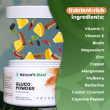 NATURES BLAST Gluco-Powder montre les ingrédients clés comme mûrier blanc et cannelle.