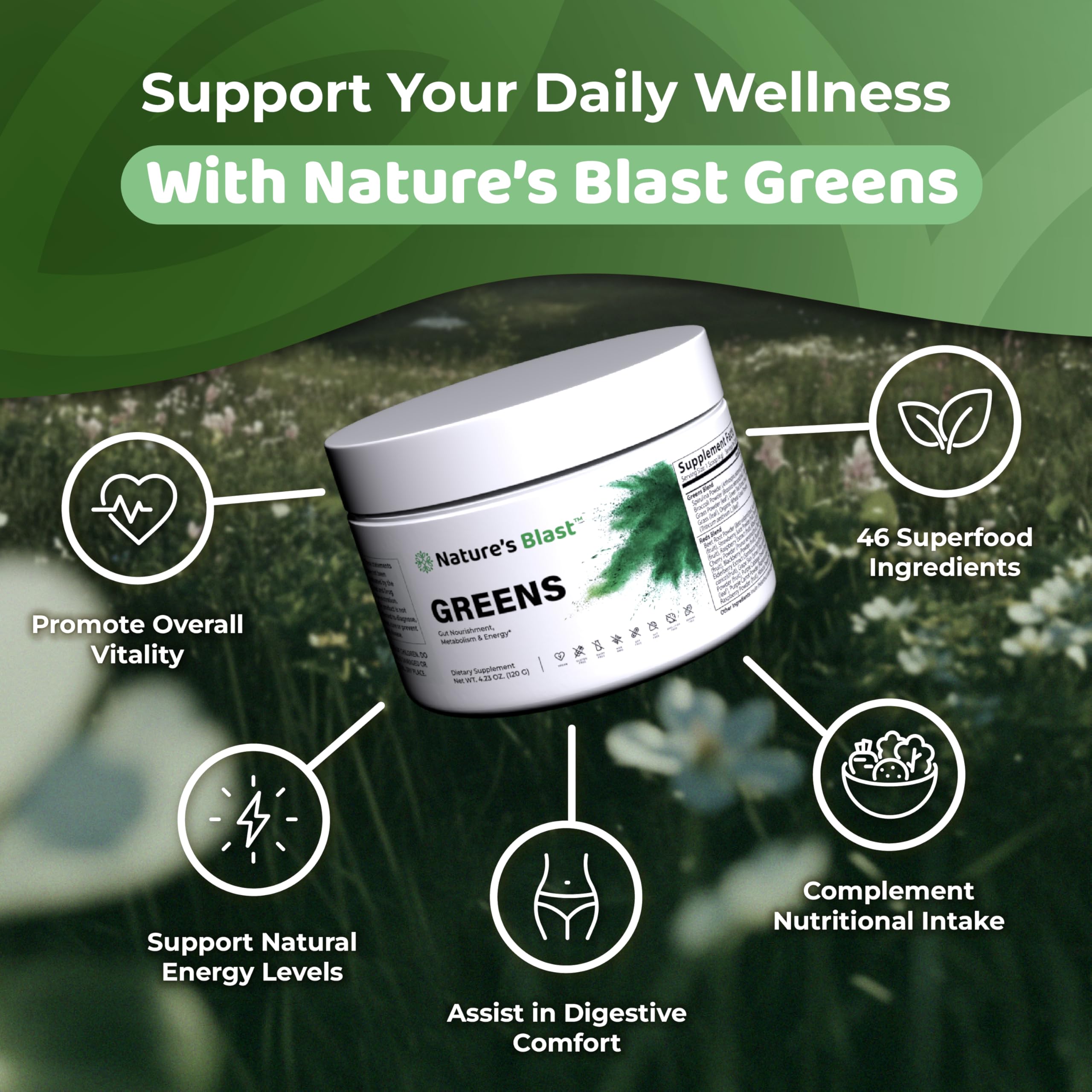 NATURES BLAST mélange de super-aliments en poudre verte.