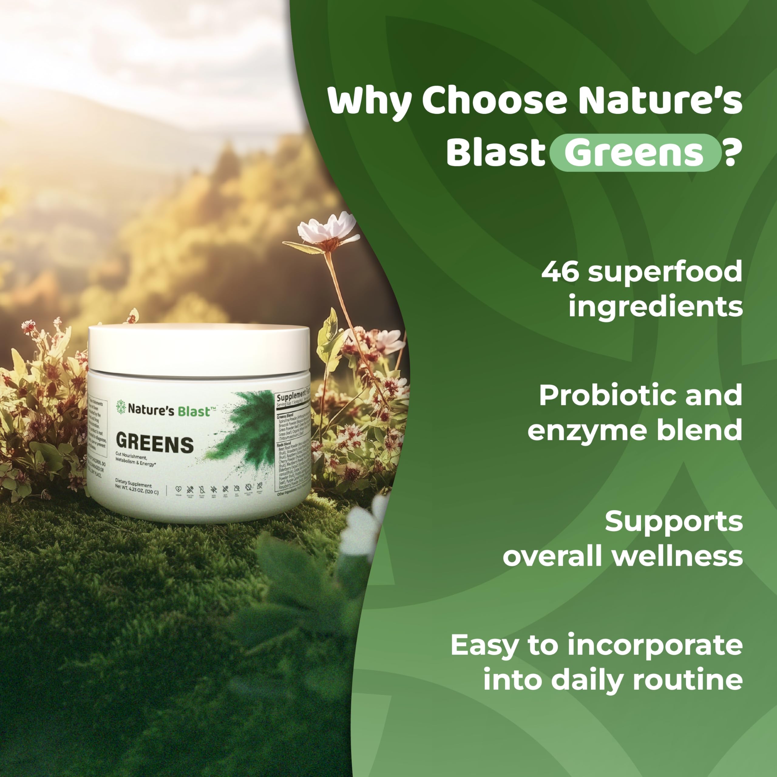 NATURES BLAST poudre verte dans un verre d'eau, boisson prête.