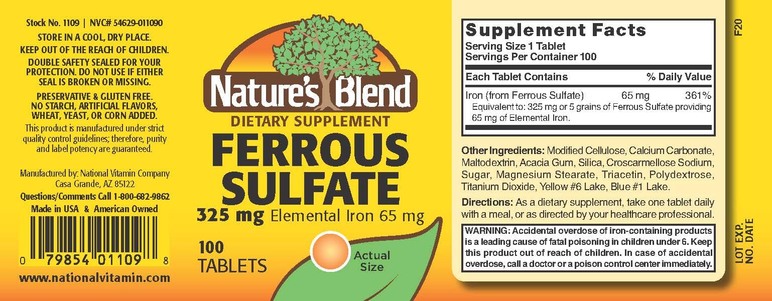 Nature's Blend ferreux sulfate boîte de 100 tablettes, format pratique pour usage journalier.