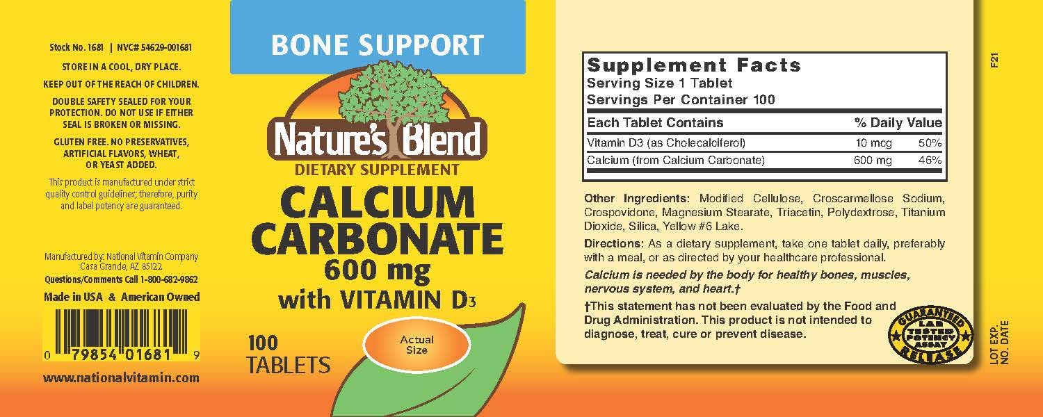 Nature's Blend carbonate de calcium 600 mg avec D3, arrière de la bouteille, explications claires