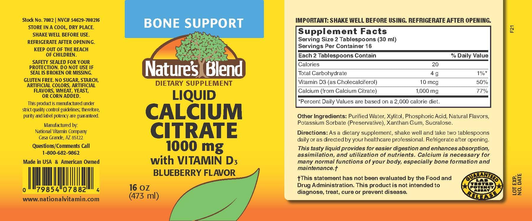Nature's Blend calcium citrate myrtille, flacon-dose, goût agréable et pratique.