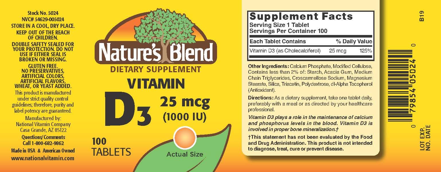 Nature's Blend NAT B VIT D3 TB 1000IU 100 — flacon compact pour le quotidien.