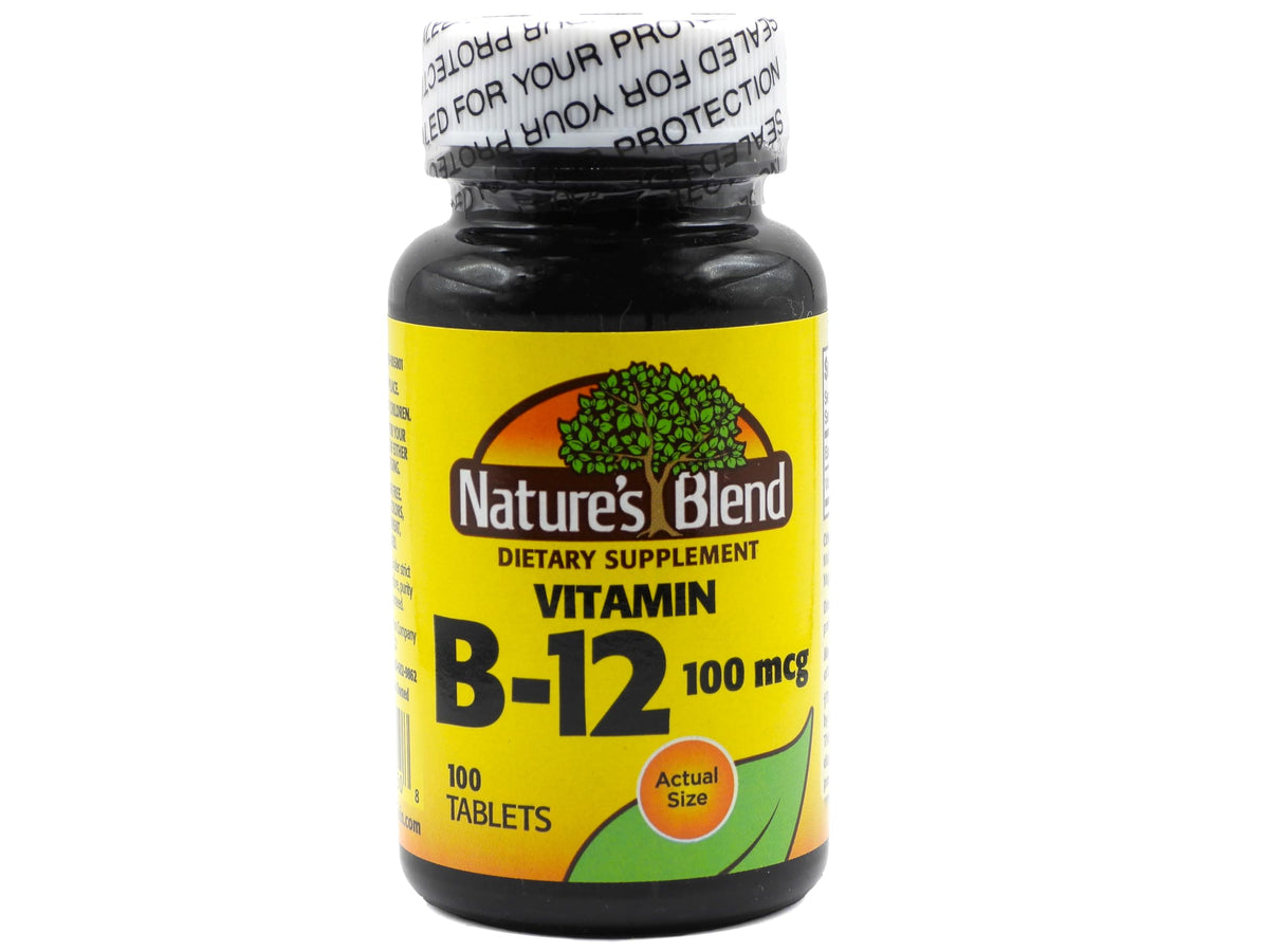 Nature's Blend NAT B12 en bouteille montrant le dosage et le potentiel soutien du système nerveux.