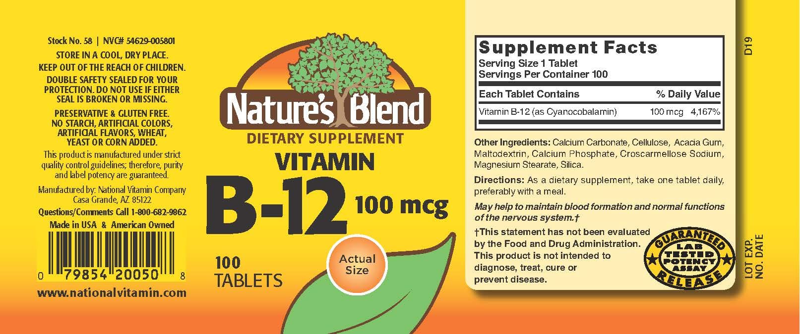 Étiquette Nature's Blend NAT B12 en gros plan avec dosage visible et clarté.