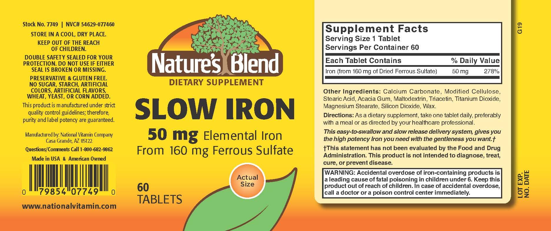 Nature's Blend Slow Iron, comprimés: apport pratique de fer quotidien