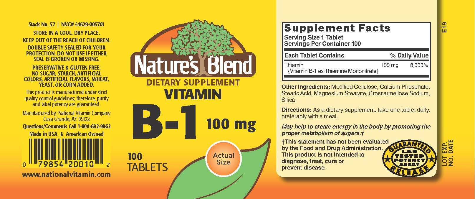 Nature's Blend, prise quotidienne des tablettes B-1 pour un soutien quotidien.