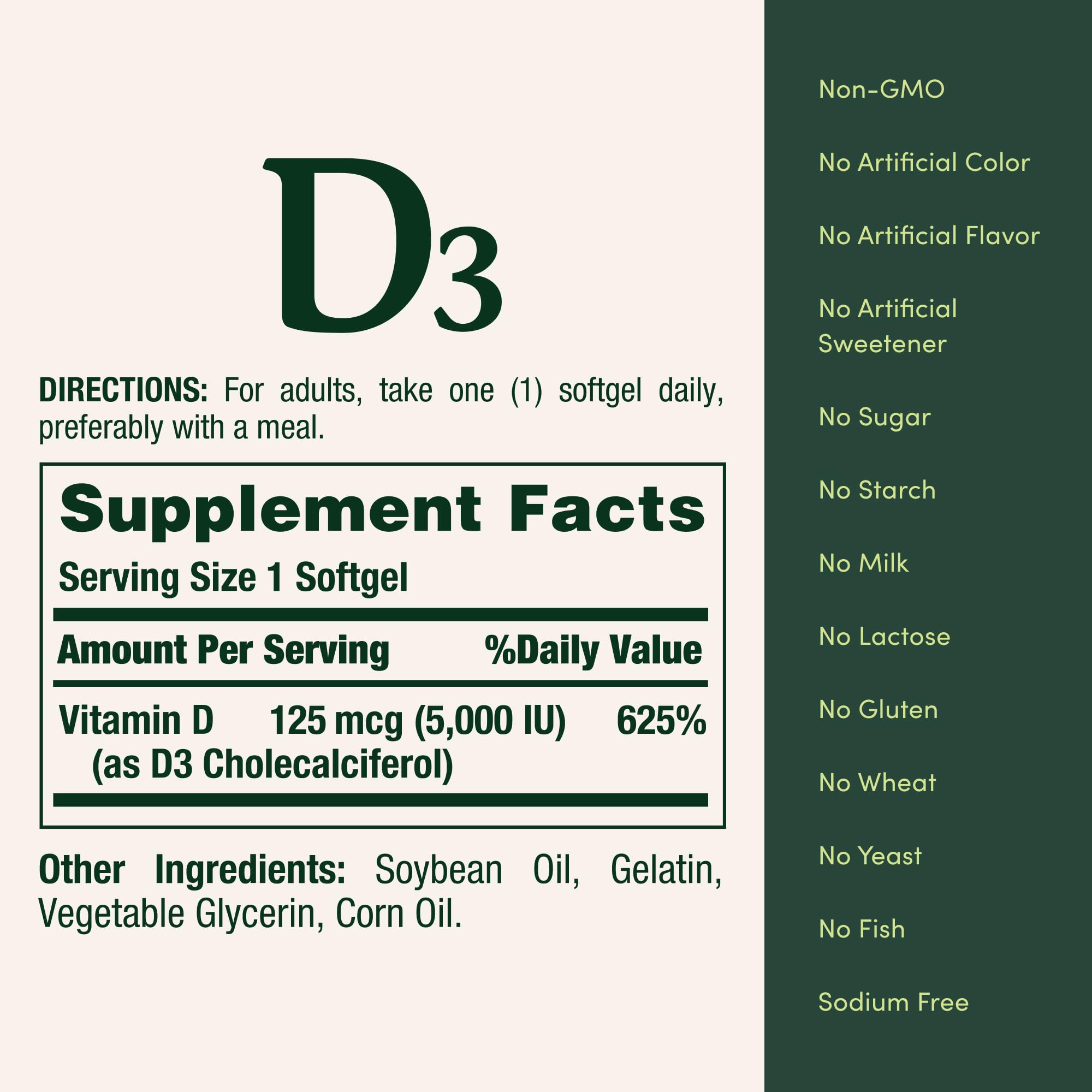 Nature's Bounty Vitamine D3: label sans OGM et sans gluten.