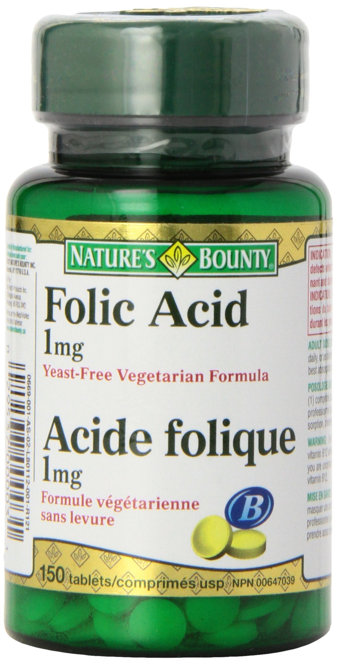 Nature's Bounty Acide folique 1 mg, bouteille, soutien potentiel au développement prénatal