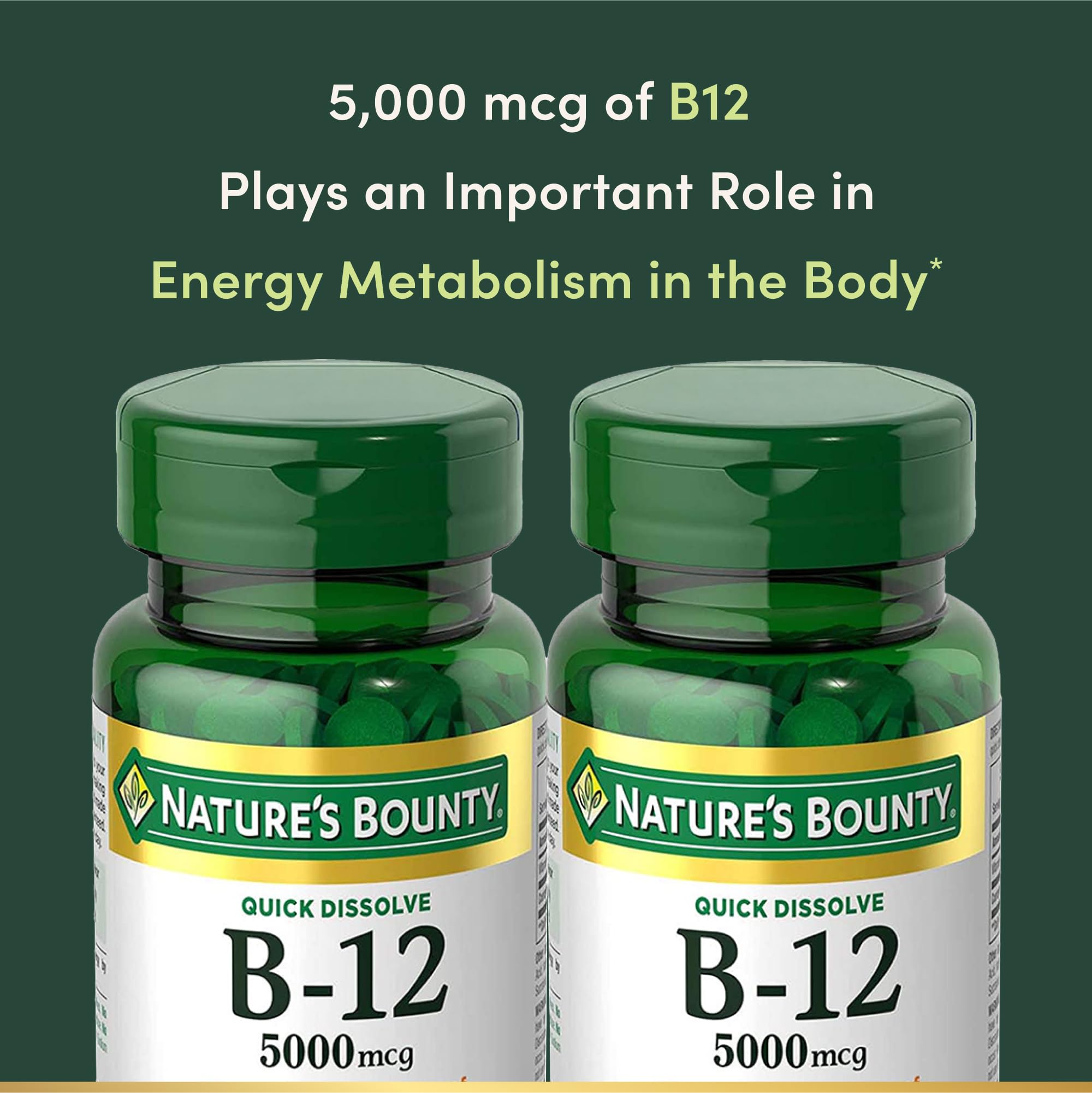 Nature's Bounty B12 comprimés 5000 mcg, soutien potentiel au métabolisme énergétique.