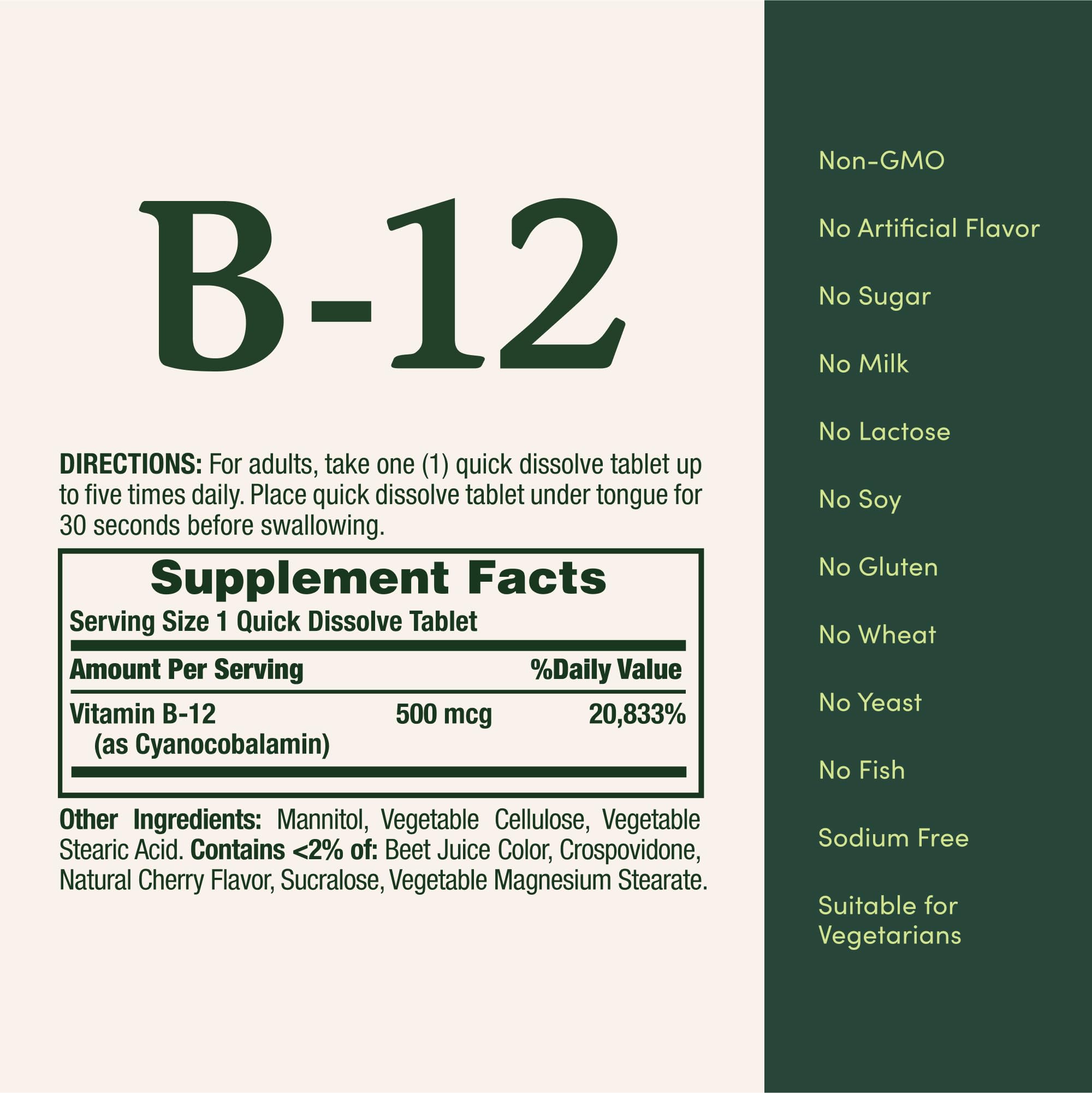 Nature's Bounty B12 formule végétarienne sans gluten et sans sucre.