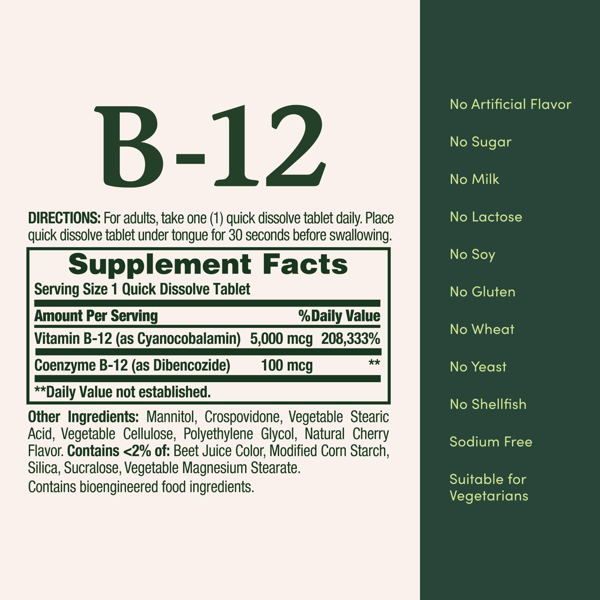 Nature's Bounty B12, formule végétarienne sans gluten ni sucre.