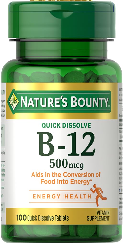 Nature's Bounty B12 micro-dissolution sous-langue, soutien potentiel à l'énergie quotidienne.
