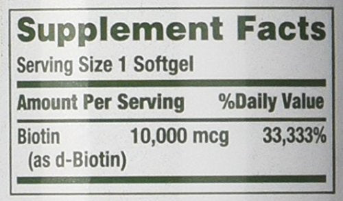 Nature's Bounty Biotine 10 000 mcg - étiquette claire pour vérifier les informations produit.