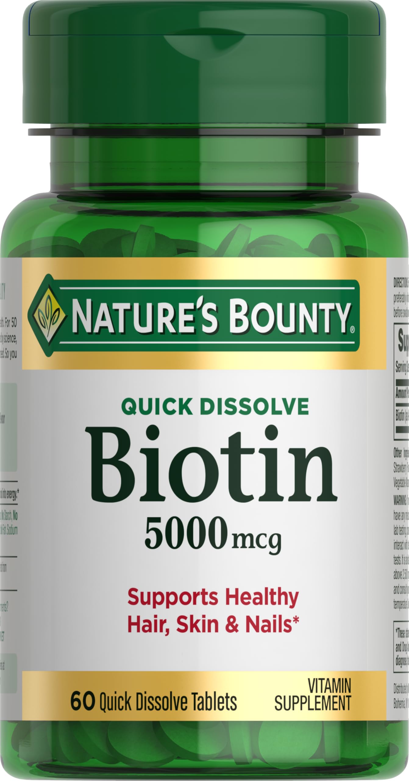 Tablettes biotine Nature's Bounty 5000 mcg, dissolution rapide pour une prise pratique au quotidien.