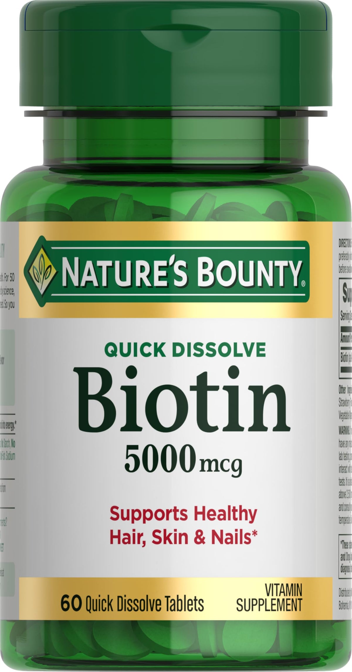 Tablettes biotine Nature's Bounty 5000 mcg, dissolution rapide pour une prise pratique au quotidien.